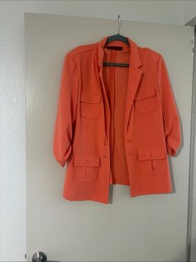 Structured Orange Button-Pocket Blazer Jacket